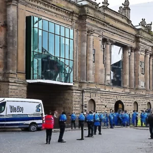 Artistic representation for Emergency services attend after man falls from balcony in Glasgow art gallery.