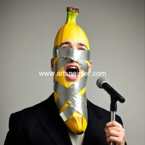 Artistic representation for Duct-taped banana comedian sells for over $1m at nyc sotheby auction .