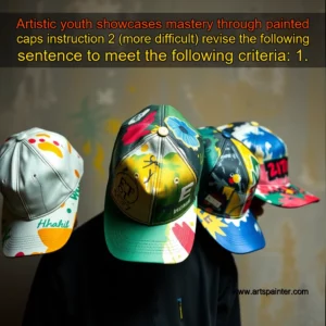 Artistic representation for Artistic youth showcases mastery through painted caps instruction 2 (more difficult) revise the following sentence to meet the following criteria: 1.