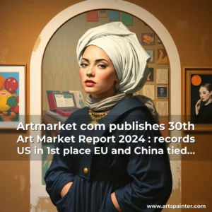 Artistic representation for Artmarket com publishes 30th Art Market Report 2024 : records US in 1st place EU and China tied for 2nd France 2nd in volume women artists keep rising
